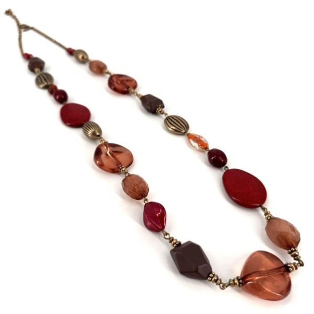 Chico’s faux stone acrylic long beaded dark reds browns‎ necklace gold tone